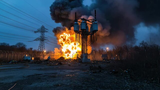 A massive explosion and fire engulfs an industrial electrical substation, with thick black smoke rising into the evening sky.