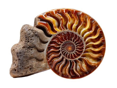 Ancient ammonite fossil: A close-up shot showcasing the intricate patterns and spiral form of an ancient ammonite fossil, a captivating glimpse into prehistoric marine life.