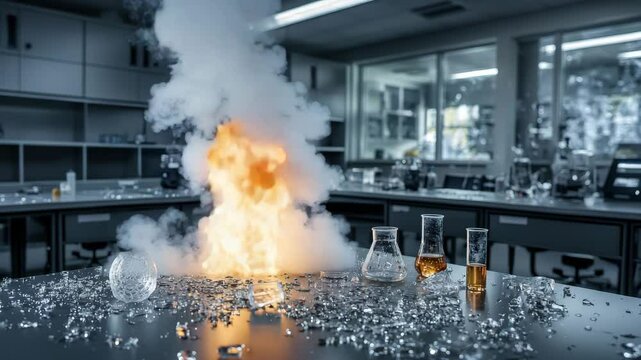 A chemical explosion erupts in a laboratory, sending glass shards, smoke, and sparks across a scientific workspace.