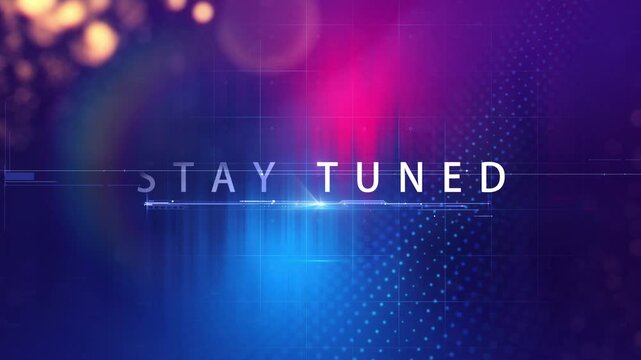 Stay Tuned Magical cinematic trailer title. 4K 3D rendering Stay Tuned neon glow text with beautiful magic heart particles flow up background.