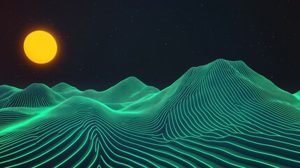 A digital landscape features a stylized mountain range illuminated by a bright yellow sun against a starry night sky, This image is ideal for technology themes, science fiction projects