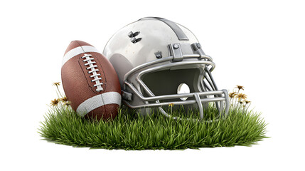 3D icon of a football and helmet on grass, white background