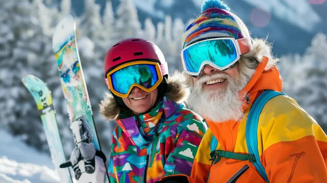 Two happy skiers, clad in bright gear and goggles, pause mid-slope with skis beside them. The snowy mountain landscape and frosted trees create a backdrop of winter wonder.