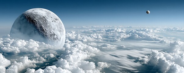 Two moons above clouds on a celestial blue sky