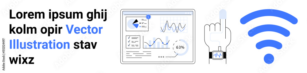 Poster dashboard with charts and graphs, wearable smartwatch device, and wireless signal. ideal for technol