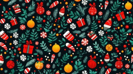 A vibrant holiday-themed pattern featuring ornaments, gifts, and seasonal elements suitable for wrapping paper, festive cards, and decorations, evoking a cheerful Christmas spirit,
