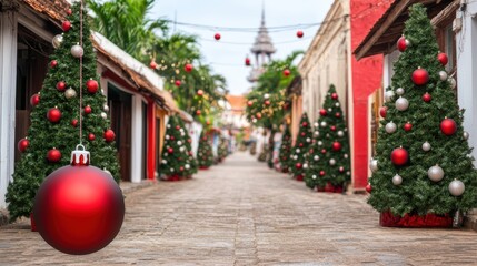 A festive street scene decorated with Christmas trees and ornaments, providing a vibrant holiday atmosphere, Ideal for holiday marketing, seasonal decorations, or community event promotions,