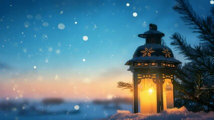 Lantern nestled in snow, illuminated by candle light. The scene evokes a peaceful, seasonal atmosphere with falling snow and soft light. Winter holiday background. - Powered by Adobe