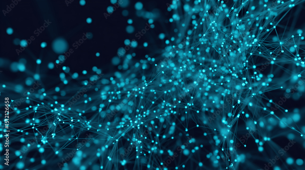 Poster Abstract image of teal glowing nodes and lines forming a complex network, suggesting connection, communication, or digital technology, ideal for tech or science backgrounds
