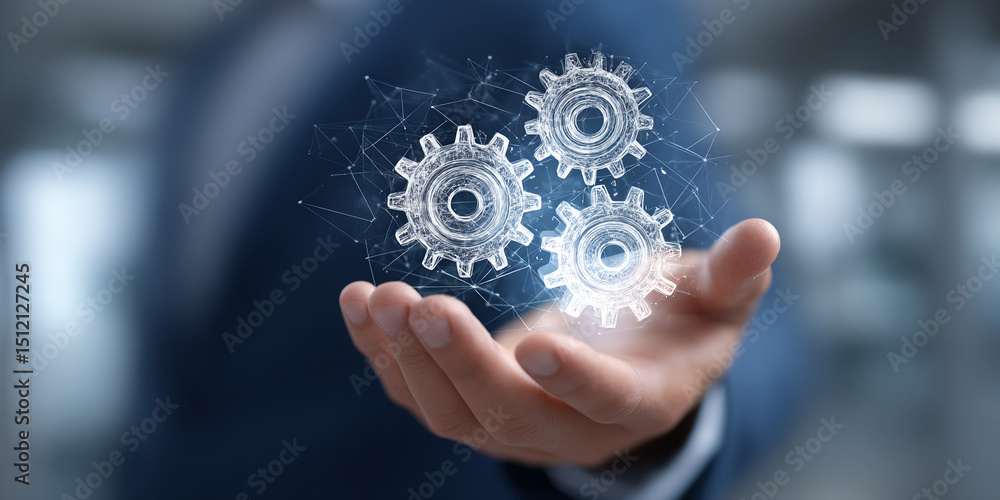 Poster hand holding three digital gears, interconnected by a network, symbolizing teamwork, synergy, and ef