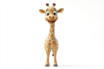 Obraz premium A Cheerful Cartoon Giraffe with a Bright Smile Standing Against a White Background, Exuding Joy and Playfulness, Suitable for Children's Illustrations or Animations