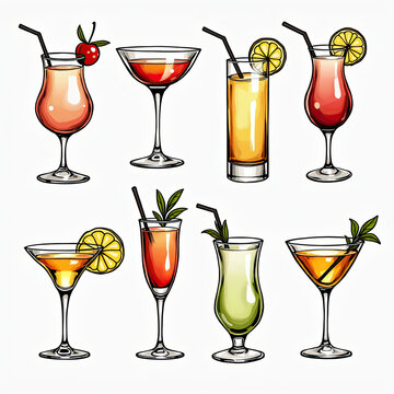 Collection of Hand-Drawn Style Cocktail Illustrations Featuring Various Drinks in Different Glasses with Garnishes Like Citrus and Cherries, Perfect for Menu Design, Bar Graphics, and Refreshing Bever