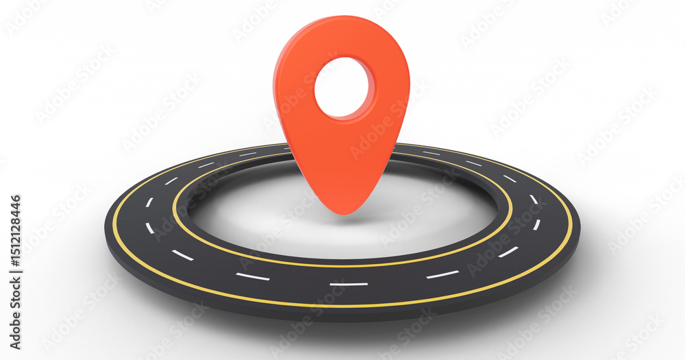 Poster asphalt road ring with red map pointer on isolated background. circular road with map pointer in the