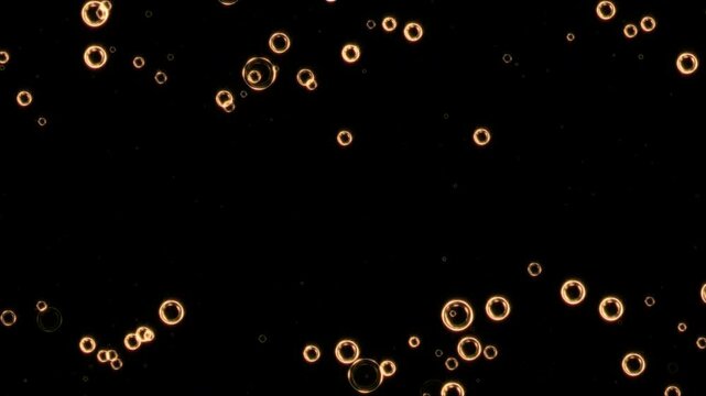 Animation gold bubble particles flying on black abstract Background. Neo gold particle on black background motion titles cinematic background loop. 