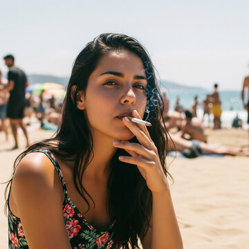 femme fumant une cigarette sur une plage