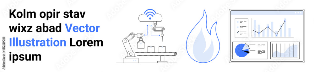 Poster robot arm with wireless connectivity, flame symbolizing energy, and data dashboard analytics. ideal 