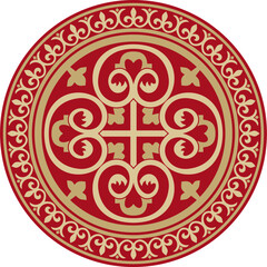 Vector gold with red round classic byzantine ornament. Circle, ring, border, Ancient Greece, Eastern Roman Empire frame. Decoration of the Russian Orthodox Church
