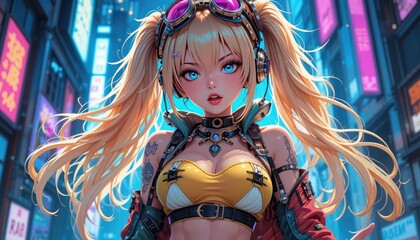 Obraz premium Cyberpunk anime girl with blonde hair and goggles