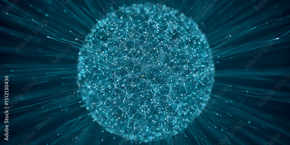 Poster abstract teal sphere with radiating lines, creating a network or connection visualization, symbolizi
