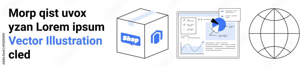 Poster package with shop branding, analytics dashboard with charts and pie graph, globe outline. ideal for 