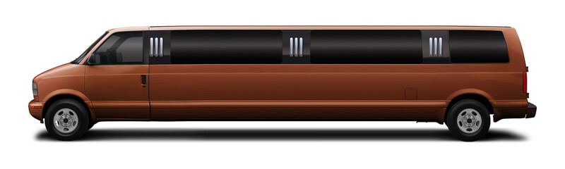 Small classic minibus limousine brown color, side view and isolated on white background