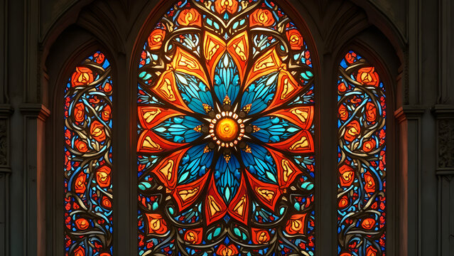 ornate stained glass window art. ultra realistic stained glass design. colorful glass window details. beautiful church stained glass photography.