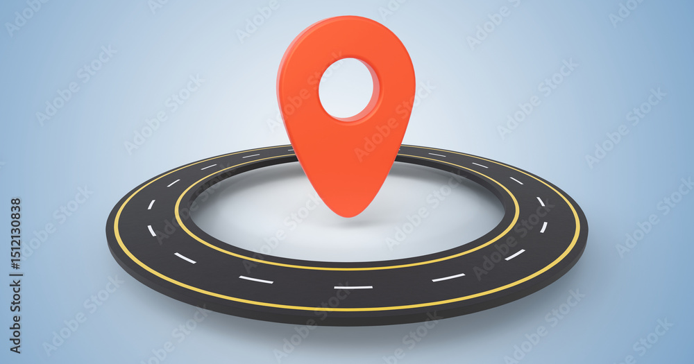 Poster asphalt road ring with red map pointer on soft blue background. circular road with map pointer in th