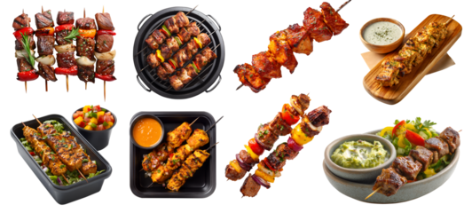 Set of Shish tikka meat vegetable grilled kebab kebob skewers, chicken lamb beef pork, BBQ grill, with sauce, takeaway plastic box, serve board, pile stack on transparent cutout PNG. Mockup template 
