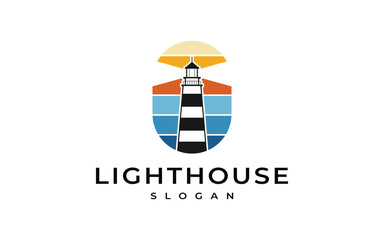 lighthouse sunset logo design vector illustration