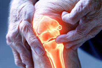 Elderly person holding painful knee with X-ray overlay