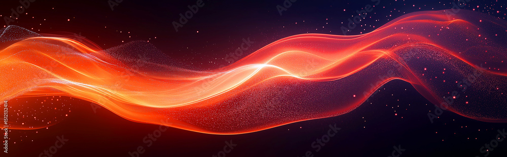 Poster abstract red and orange flowing waves with particles on dark background