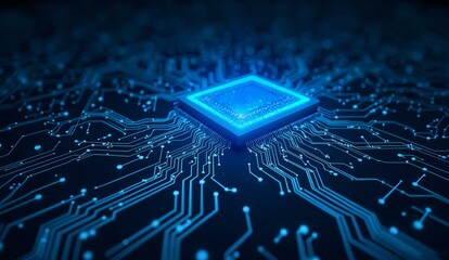 Blue Illuminated Microchip on Circuit Board