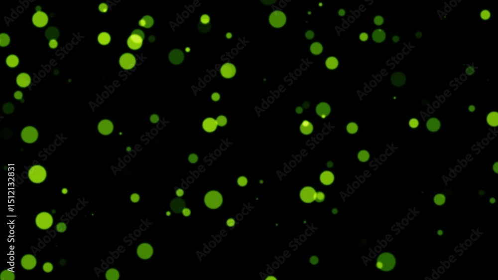 Poster animation loop green bokeh particles flow on black abstract background. animation of fiery green glo