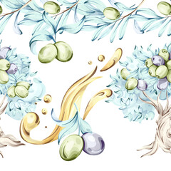 Olives and olive oil in watercolor style with seamless pattern frame and artistic border highlighting Italian cuisine nature and beauty of healthy eating