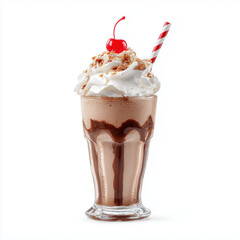 Chocolate milkshake with whipped cream and cherry , white background cut out PNG