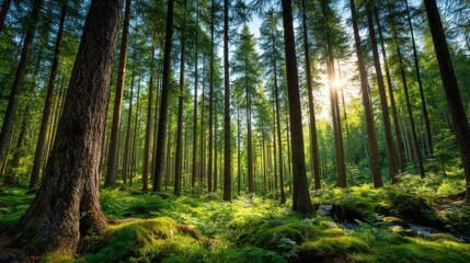 Obraz premium Sunlight filtering through dense forest canopy nature scene tranquil environment lush greenery landscape photography