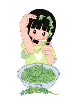 カブの茎でハートをつくるこども