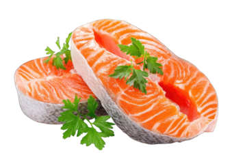 Two salmon fillets, fresh and vibrant orange-pink, are laid atop each other, garnished with sprigs of fresh parsley
