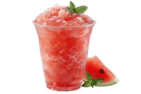A refreshing, bright red watermelon slushy in a clear plastic cup, garnished with fresh mint.  A slice of watermelon sits beside it, also adorned with mint leaves