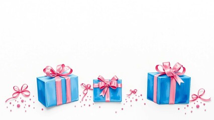 Obraz premium Auarell, blaue Geschenke mit rosa Schleifen und Konfetti auf weißem Hintergrund – ideal für Geburtstage, Feiern und Karten.