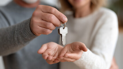 New Beginning Captured: Couple Receives First Home Key from Realtor in Heartwarming Scene, home key handover, real estate success, new homeowners, house key drop, happy couple, home interior, cozy bac