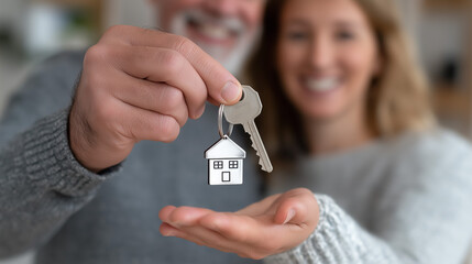 Real Estate Success Moment, Agent Hands Over Shiny House Key to Smiling Couple, home key handover, real estate success, new homeowners, house key drop, happy couple, home interior, cozy background, 