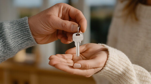 Happy New Homeowners Hold Hands Out for Key Drop, Cozy and Welcoming Indoor Setting, home key handover, real estate success, new homeowners, house key drop, happy couple,home interior, cozy background