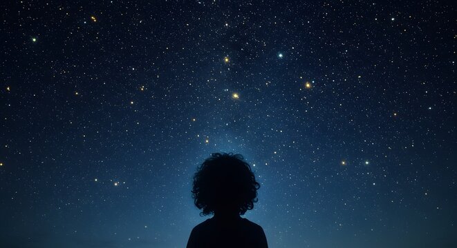Silhouette of child looking at the sky, inspirational theme