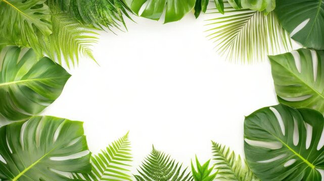 A lush border of tropical green leaves including monstera, palm, and fern leaves framing an empty space, creating a natural, organic feel. Soft lighting, bright and vibrant colors
