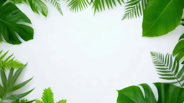 A lush border of tropical green leaves including monstera, palm, and fern leaves framing an empty space, creating a natural, organic feel. Soft lighting, bright and vibrant colors

