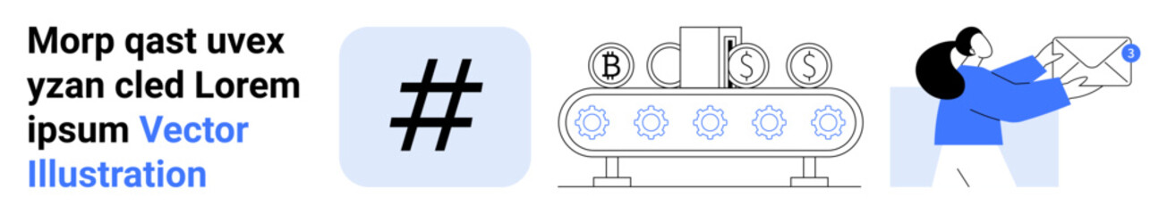 metadata tag symbol, a gear-driven conveyor sorting digital assets, and a person holding a paper envelope. Ideal for automation, workflow, productivity, finance, email marketing, innovation simple