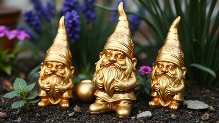 drei niedliche goldene Gartenzwerge in Blumenbeet – dekorativ, verspielt und ideal für Gartenliebhaber.