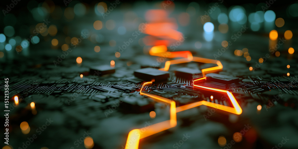 Poster illuminated circuit board abstract illustrating data flow and technology