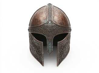 Viking Helmet with Carved Motif on a white background, detailed photograph
